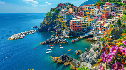 A picturesque European village nestled along the coast of a sparkling body of water, with colorful cottages, fishing boats, and lush greenery in Italy