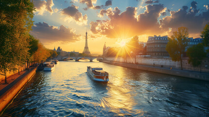 A boat peacefully travels down a European river, passing under a picturesque bridge in Paris
