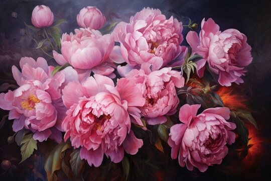 Elegant Oil painting peonies. Composition bouquet spring blossom flowers. Generate ai