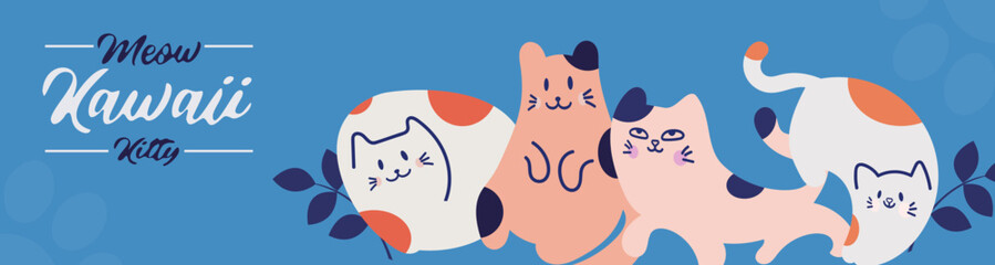 Kawaii Cats vector illustration  Smiling Kitty, cute and round-faced cat