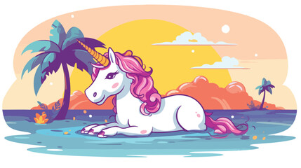 Obraz na płótnie Canvas Unicorn swimming on beach cartoon flat vector 