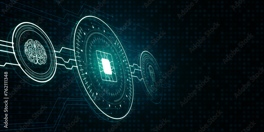 Leinwandbilder Creative ai hologram on dark blue tech background with mock up place. Artificial intelligence and machine learning concept. 3D Rendering.