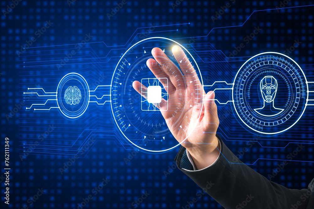 Poster close up of businessman hand using creative ai hologram on dark blue tech background. artificial int