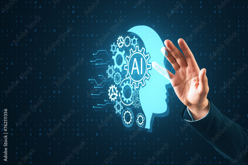 Aufkleber close up of male hands using creative head outline and cogs ai hologram on dark blue tech background