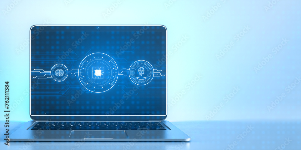 Poster Close up of laptop with creative ai hologram on blue background with mock up place. Artificial intelligence and machine learning concept. 3D Rendering.