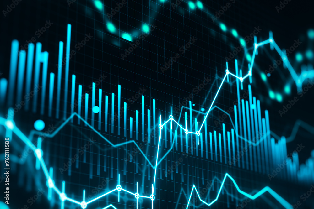 Poster futuristic financial graphs with vibrant neon lines on dark background. economic analytics concept. 