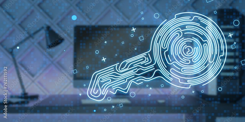 Aufkleber Close up of workplace with computer monitor and creative fingerprint key on blue background. Concept of cyber security or private key in cryptocurrency technology. 3D Rendering.