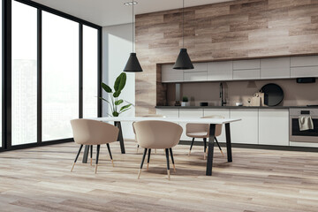 Bright concrete and wooden kitchen interior with window and city view, furniture and equipment. 3D Rendering.