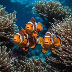 Fototapeta na wymiar Craft a mesmerizing portrait of a clownfish pair engaged in their intricate mating dance, their synchronized movements and vibrant hues creating a captivating display of underwater courtship, every su
