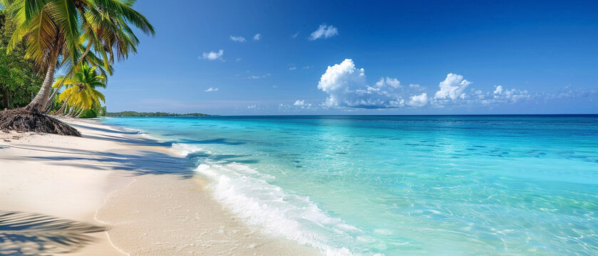 Tranquil beach with palm trees and crystal blue waters under a clear blue sky.