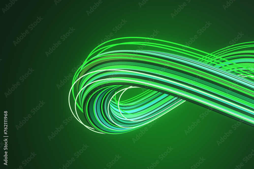 Poster 3D abstract twisted ribbon in bright green hues on a dark background. Continuity and flow concept. 3D Rendering
