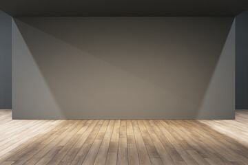 Clean gallery interior with concrete walls, mock up place and wooden flooring. 3D Rendering. - obrazy, fototapety, plakaty