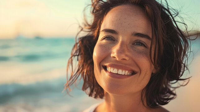 Happy 40 years old woman on the beach smiling with serenety close up