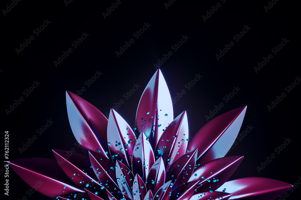 Poster 3D rendered abstract metallic flower with blue hues and sparkling particles. Artistic design concept. 3D Rendering