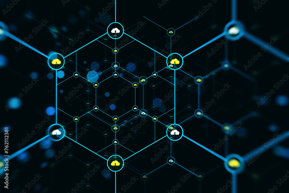Aufkleber An abstract digital network with nodes connected by lines on a dark blue background with glowing light effects. 3D Rendering