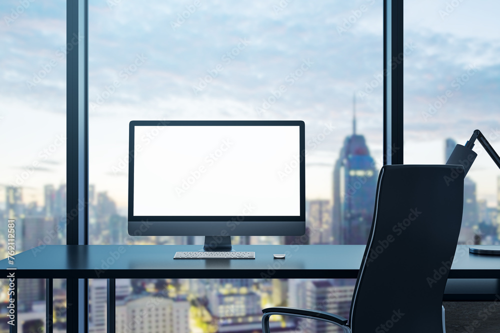 Aufkleber Modern office interior with empty white computer monitor on desk and panoramic windows with beautiful city view and daylight. Mock up. Workplace concept. 3D Rendering.