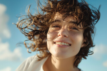 Radiant Young Woman with Windblown Hair and Sunny Smile