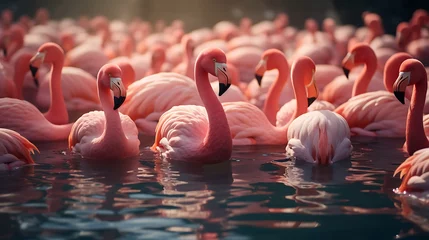 Fotobehang A flock of pink flamingos, all together in the water, beautiful cinematic shot © Afaq