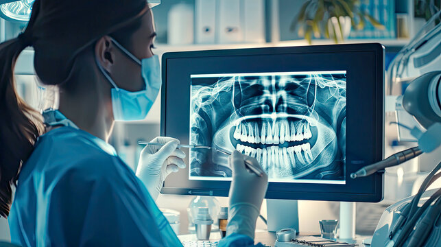 Dentists are discussing dental problems at report x-ray image for patients. AI Generated.