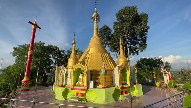 Tilt up view of Aung Zeya Jadi Buddhist temple also known as the Bandarban Golden Temple in Bandarban, Bangladesh.