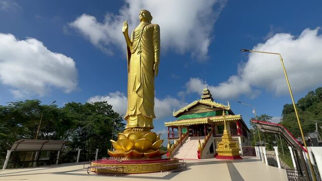 Pan right view of Golden Buddha Temple, Lal Mohan Bahadur Bagan Area, Bandarban, Bangladesh.