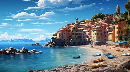 A picturesque scene of the Italian coast, with colorful buildings and sandy beaches overlooking...