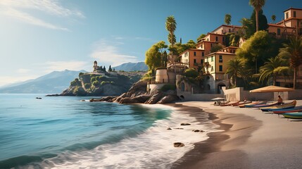  A picturesque beach in the Italian town of Elba, showcasing its sandy shore and colorful buildings nestled along the cliffs, offering breathtaking views overlooking olive groves and mountains. 