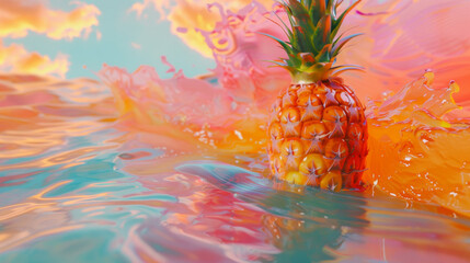 Vibrant Pineapple Immersed in Colorful Water Splashes
