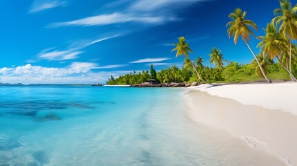 A panoramic view of the pristine white sandy beaches and clear blue waters in an exotic island, with palm trees swaying gently under a bright sun. The beach is surrounded by lush greenery,