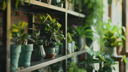 Serene collection of indoor plants arranged on wooden shelves bathed in warm light.