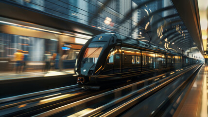Modern train speeding through a station, capturing the dynamism of urban transportation.