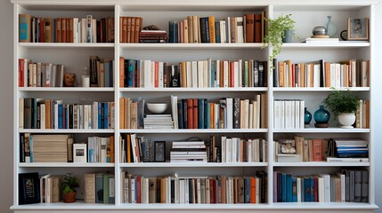  A white bookcase filled with books and other items, showcasing the diversity of different types of furniture for home decor in an apartment setting 