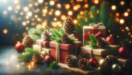 A captivating tableau of holiday gifts and greenery highlighted by the shimmering ambiance of bokeh lighting creating a scene of warmth and festivity an enchanting display of holiday cheer and.
