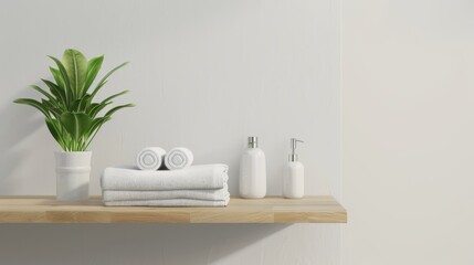 Fototapeta na wymiar Contemporary Bathroom Decor with Folded Towels and Green Plant