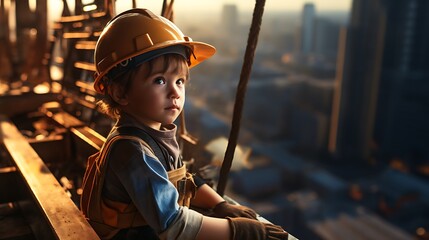 A little girl wearing a construction helmet and working is sitting on a steel beam of a highrise building, holding an iron bar in her hand