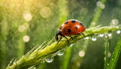 Close-up of a ladybug on grass with raindrops