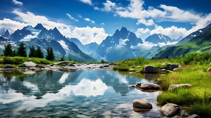  Beautiful mountain landscape with grassy meadow and clear stream in the foreground, Alps mountains on background.