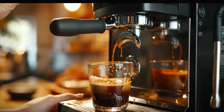  hands holding a glass and pouring  coffee  into a cup in espresso coffee machine,  person using modern coffee machine