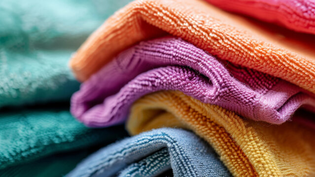 Vibrant microfiber cloths folded in an array of rainbow hues.