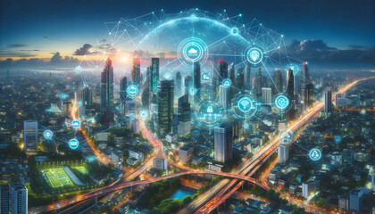 Smart city with network connections advanced urban landscape showcasing technology integration smart city technology urban development sustainability iot connectivity advanced an ecosystem of.

