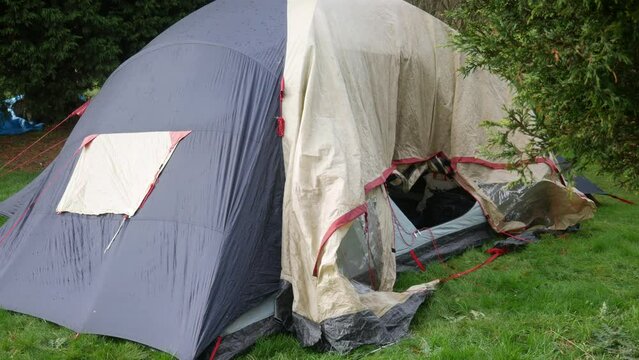 A man pitching a tent and dropping a tent pole. The bald male is wearing shorts in a field whilst camping