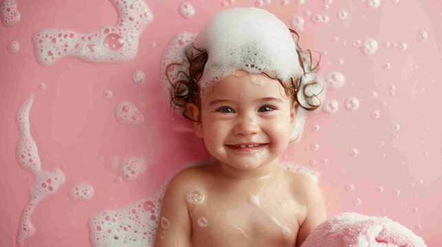 Happy smiling baby with shampoo foamy head on pink background