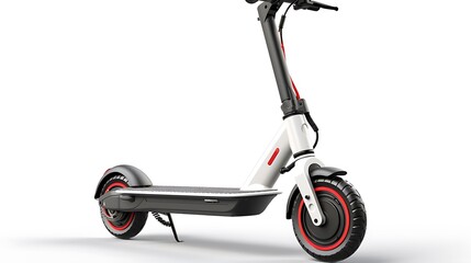  A white electric scooter with red accents, black and grey frame, two wheels on the front half of each side. The handlebar is wrapped in rubber for comfort. - Powered by Adobe