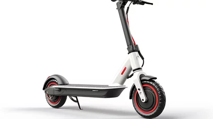 Behangcirkel  A white electric scooter with red accents, black and grey frame, two wheels on the front half of each side. The handlebar is wrapped in rubber for comfort. © Afaq