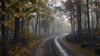 Obraz premium Mysterious forest road with autumn leaves and a foggy atmosphere.