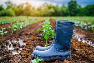 Blue rain boots in a vegetable field. Rubber boots in the middle of a field with growing vegetables, water and soil on the background. Vegetable garden. Copy space concept for sustainable agriculture - obrazy, fototapety, plakaty