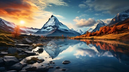 Beautiful mountain landscape with reflection in lake and dramatic sky at sunset, featuring the majestic peak of Makouda Dula or Matterhorn