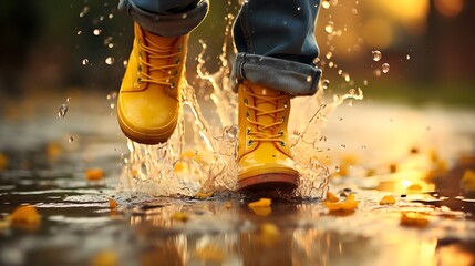 a person wearing yellow boots jumping in puddles, splashing water, autumn time, beautiful nature...