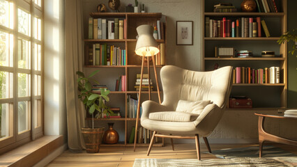 Cozy reading nook bathed in sunlight with a plush chair and bookshelf.