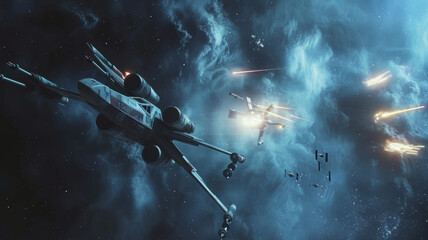 Epic space battle scene, with spacecrafts engaged in intense laser combat among the stars.